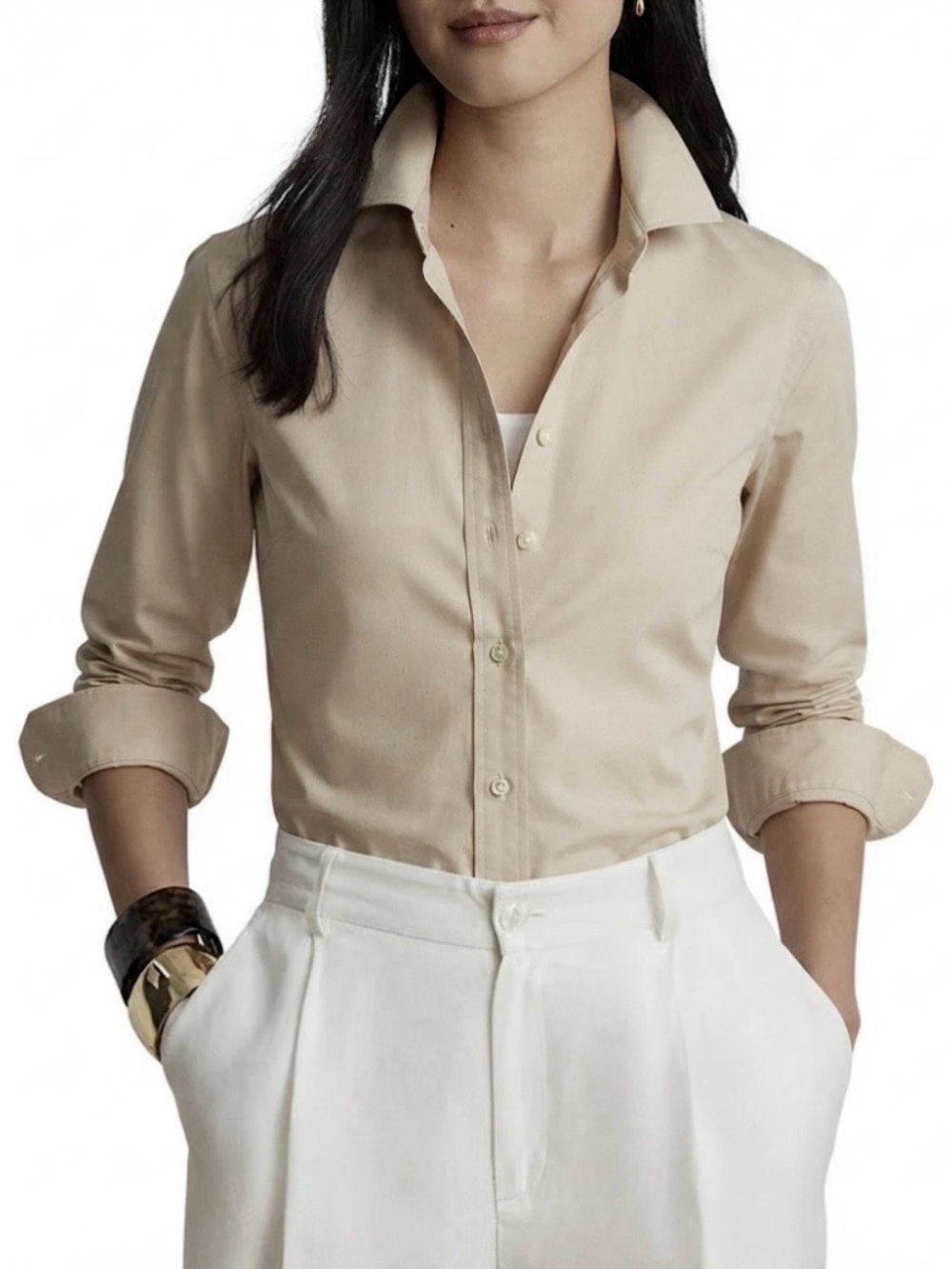 ROCHELLE BEHRENS THE ICON SHIRT L/XL TAN PREPPY ACADEMIA OLD MONEY QUIET LUXURY